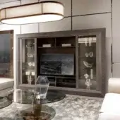 Elegant DV Home Collection Byron TV cabinet in matt Ebano Macassar veneer with quilted leather accents and tempered glass doors