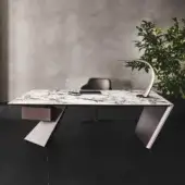 Elegant Cattelan Italia Nasdaq desk with white marmi ceramic tabletop and rose embossed lacquered steel leg