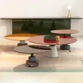 Exceptional Acerbis Menhir coffee table with glossy red lacquered wood and Levanto red marble base in black matte epoxy powder coated steel