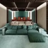 Distinguished Vismara Onassis Home Cinema sofa with dark green textile upholstery and quilted Makassar Ebony armrests