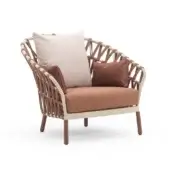 Distinguished Varaschin Emma Cross lounge chair with woven acrylic fabric and muted cushions in brown and beige tones with a powder-coated aluminum frame