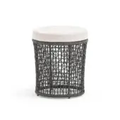 Distinctive Varaschin Emma stool with dark gray hand-woven texture and light beige upholstered cushion in powder-coated aluminum