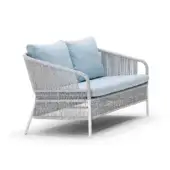 Distinguished Varaschin Cricket sofa with light gray handmade rope weaving and soft light blue cushions built with a light aluminum structure