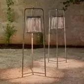 Sophisticated Varaschin Tibidabo floor lamp with aluminum structure and hand-woven rope lampshade in a light-toned matte finish
