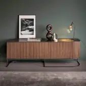 Distinguished Bonaldo Dune sideboard with Canaletto walnut doors and bronze lacquered wood, built with an asymmetrical metal base