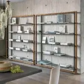 Exceptional Bonaldo Alix bookcase with warm wooden frame and cool aluminum shelving in a refined finish