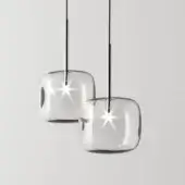 Superior Tonelli Design Hyperion suspension lamp with transparent blown Pyrex glass and sleek silver chrome metallic structure