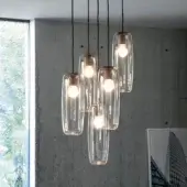 Captivating Bonaldo Bio-S suspension lamp with a black metallic frame and five transparent blown glass lampshades