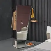 Elegant Bonaldo Camillo valet stand with a dark bronze metal frame and warm-toned wooden side table for a minimalist aesthetic