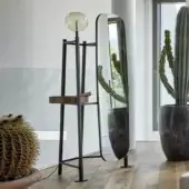 Distinguished Bonaldo Salomé valet stand with geometric shapes in matte black metal and a circular wooden shelf with a translucent glass globe lamp