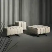 Refined Bonaldo Mark ottoman with light beige textured textile and subtle striped pattern, crafted in Italy with leather details and black feet