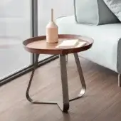 Elegant Bonaldo Frinfri side table with a removable brown wooden tray and matte gray looped metal base