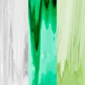 Abstract color blocks of white wood texture, flowing green liquid, and pale green brushstrokes create layered gradients.