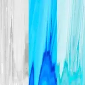 Swirling translucent glass composition in blue and turquoise features embedded text “Barovier & Toso Murano Glass Crystal Bluastro Aquamarine La”.