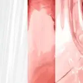 Textured triptych displaying glossy white, pink gradient, and iridescent ruby surfaces with vertical striations and swirling patterns.