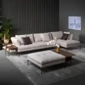 Distinguished Bonaldo Aliante sectional with light grey textile upholstery and dark brown cushions, built with wood structure and Canaletto walnut veneered wood