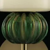 Barovier & Toso Gallia Antalia Green VA table lamp, Murano glass shade with vertical ribbing, gold streaks, brass stem, black background.