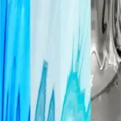 Abstract vertical panels in blue, white, aquamarine, and grey display fluid streaks and rippling textures, resembling Murano glass material samples.