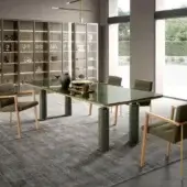 Superior Presotto Kolosso table with rectangular glass top and speckled stone-like cylindrical legs in a subtle green tone