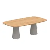 Distinguished Royal Botania Conix table with rectangular teak wood top and conical bases cast in matte light gray fibre-reinforced concrete