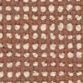 Woven rug, brown and off-white, grid pattern with looped circular motifs, textured jute weave, neutral studio backdrop.