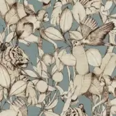 Tropicana E60 Acquamarina wallpaper with repeating tiger, monkey, and bird illustrations in brown on aquamarine, vintage botanical style.