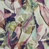 Watercolor leaf pattern in olive green, dusty rose, plum, and brown with overlapping botanical shapes on an off-white background; "tropicana e61 liberty".
