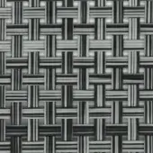 Woven gray texture displaying a grid pattern of light and dark charcoal bands, with a dense, linear weave and neutral studio lighting.