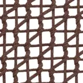 Woven rug, brown jute, grid pattern with rectangular openings and twisted cords, fibrous texture, studio shot on white background.