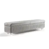 Exquisite Reflex Plissé bench with light gray pleated fabric and uniquely textured clear Murano glass sphere-feet crafted in Italy