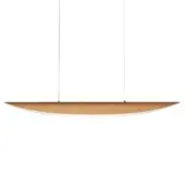 Pendant light, brass finish, elongated oval shape with white interior, suspended by silver cables, minimalist modern design, gold-accented.