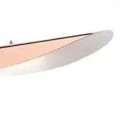 Pendant light, rose gold and white, elliptical diffuser with bronze sputtering, dark gray band, silver mounting canopy, minimalist design.