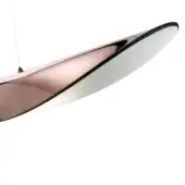 Pendant light, copper finish, elongated oval shape with reflective surface and black suspension cable, modern design, diffused lighting.