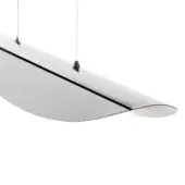 Pendant light, supermirror steel, elongated curved form with black accent line suspended by thin cables against a white backdrop.