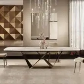 Exceptional Reflex Prisma Steel table with bronze wood top and intersecting satin dark brass metal supports