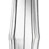 Glass vase with fluted design, clear polished finish, tapered cylindrical shape, vertical ridges, and bright reflective highlights on white background.