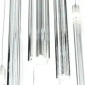 Modern glass pendant light, clear ribbed cylinders, vertical arrangement, integrated LED illumination, scalloped detailing, white background.