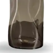 Grey glass vase, organic shape, mottled texture, with gold label, studio shot, smooth glossy finish, uneven coloration, diffused lighting.