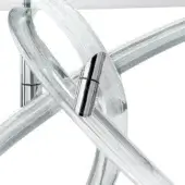 Modern pendant light, clear acrylic rods, knotted sculptural form with chrome connectors and circular mounting plate against a white backdrop.