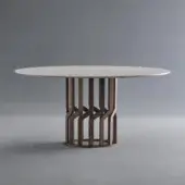 Distinctive Potocco Intreccio table with circular marble top and woven solid ash wood base crafted in medium-tone brown with gilded metal accents