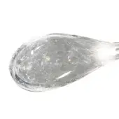 Glass sculpture, clear textured glass, stylized spoon form with rounded bowl and slender neck, featuring embedded bubbles.