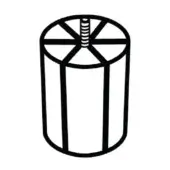 Cylindrical graphic with black vertical bars, a circular frame, and radiating lines against a white background.