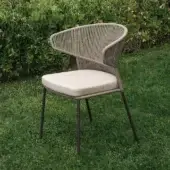Distinguished Potocco Ola armchair with a hand-woven greyish-brown ribbon backrest and light beige outdoor fabric seat cushion built with dark brown metal legs