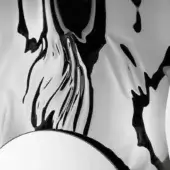 Supermirror steel composition with black and white fluid shapes, draped and rippled with reflective highlights and shadowed undulation.