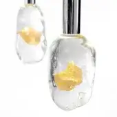 Pendant lights with clear glass enclosures, gold leaf inclusions, and polished silver cylindrical mounts against a white backdrop.