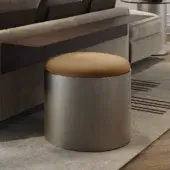 Superior Reflex Tau Steel ottoman with plush tan textile and satin titanium finish