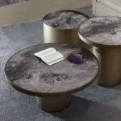Elegant Reflex Tau Steel coffee table with gray, white and gold marble-like glass inlay and shiny satin metallic finish