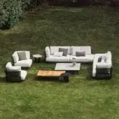 Exceptional Potocco Soul sectional with light and dark gray outdoor textile upholstery and a dark brown woven frame