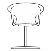 Modern chair line drawing, black and white, rounded bucket seat, pedestal base, minimalist design, recessed circular details.
