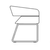 Minimalist chair dark gray metal rectangular frame, angled seat and backrest, trapezoidal sled base, matte finish, white background.